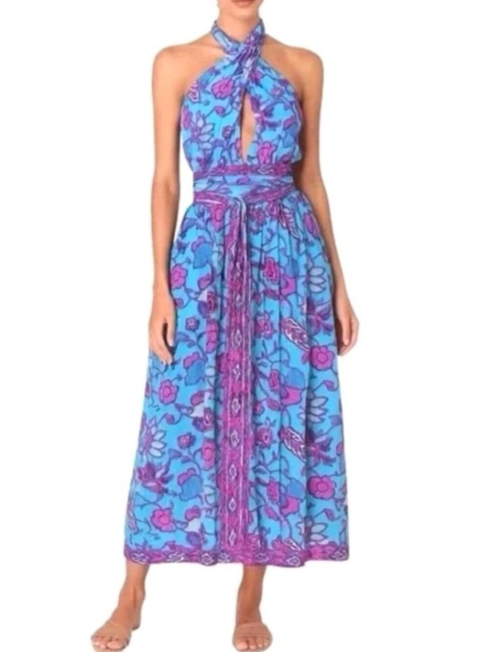 Caroline Constas Criss Cross Halter Floral Maxi Dress Turquoise Small S Cotton